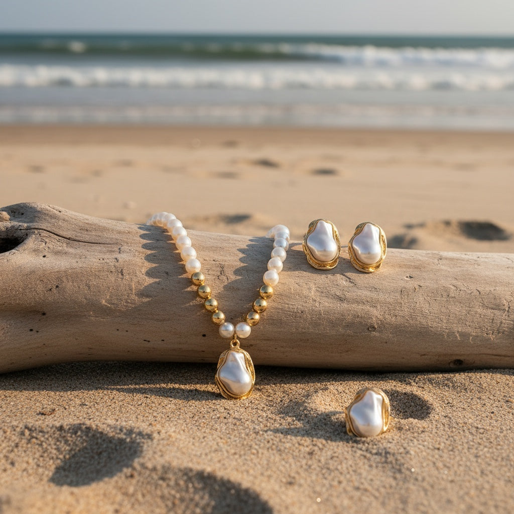 Golden Baroque Pearl Jewelry Set