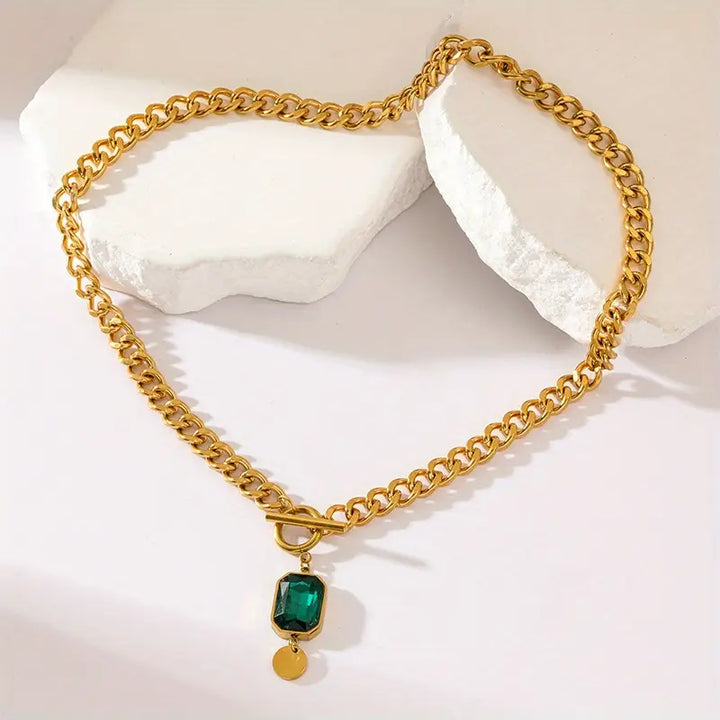 Chunky Chain Emerald Pendant Necklace | Gold
