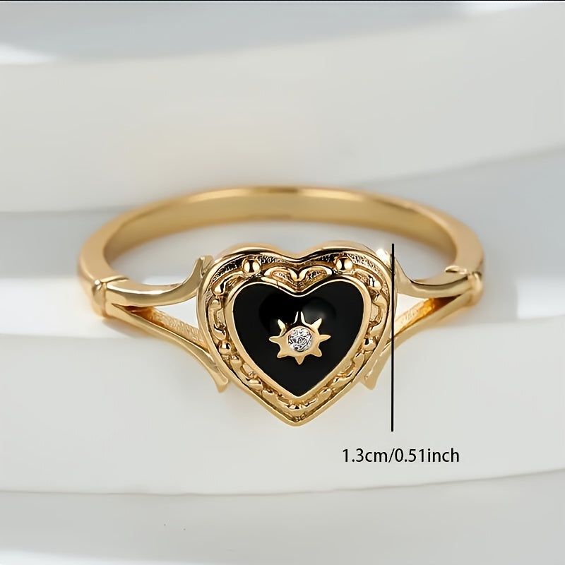 Bohemian Golden Sun Black Heart Design Paved Zirconia Ring