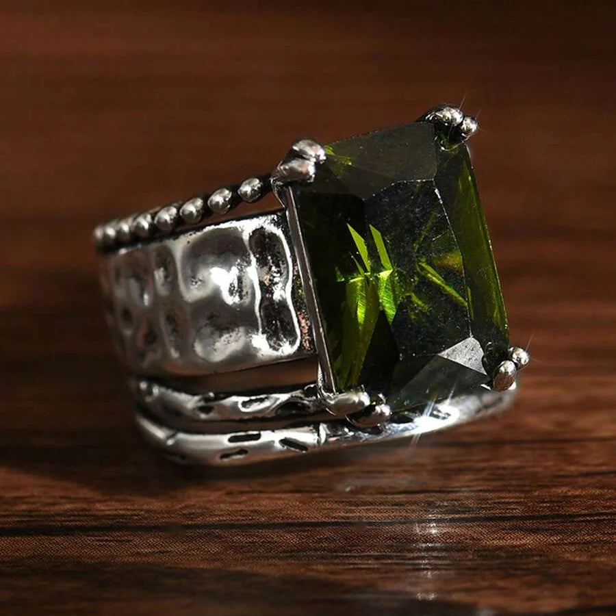 Vintage Bohemian Geometric Cut Zircon Silver Plated Ring