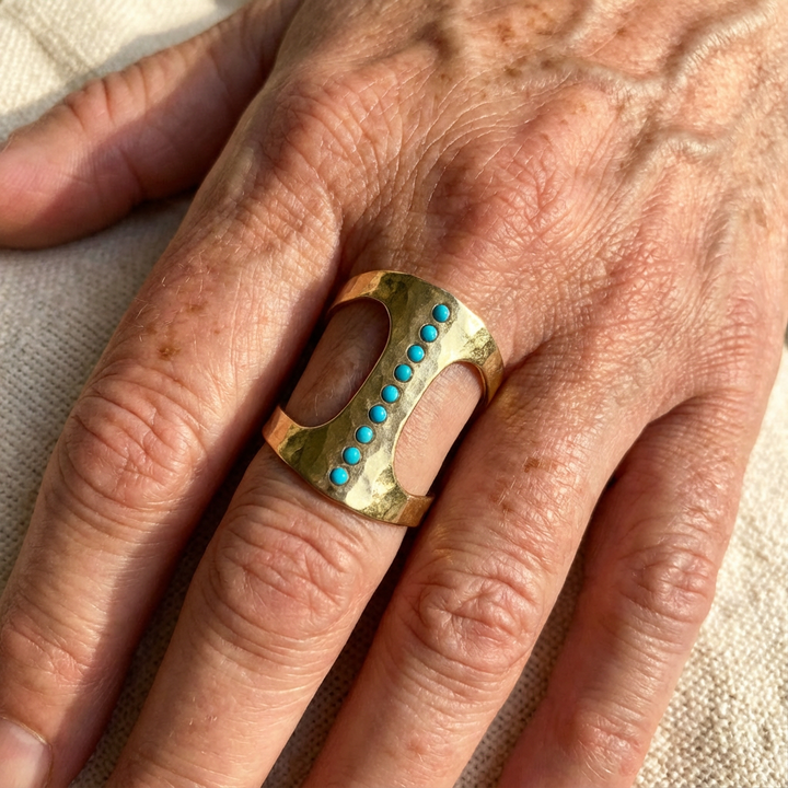 Vintage Handcrafted Turquoise Dot Cuff Ring