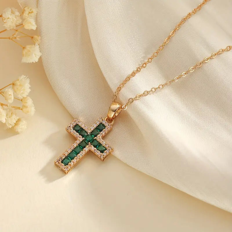 Solene Emerald Cross Pendant Necklace | Gold