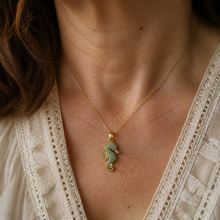 Gold Seahorse Turquoise Pendant Necklace