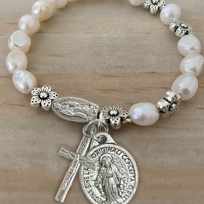 Elegant Pearl Flower Faith Bracelet