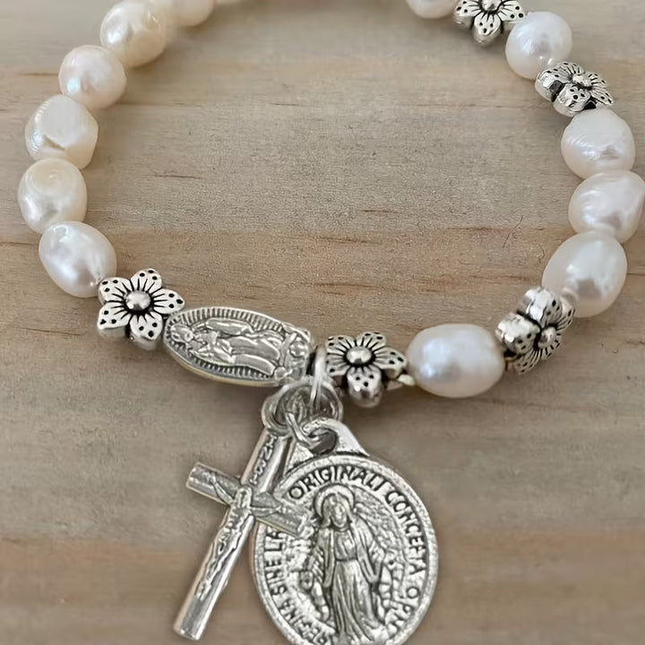 Elegant Pearl Flower Faith Bracelet