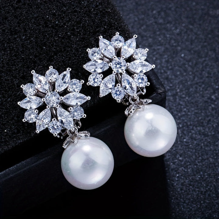 Elegant Pearl Drop Zirconia Clip Earrings