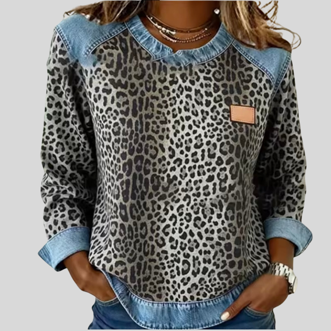 Fabienne | Pull Imprimé Léopard Col Denim