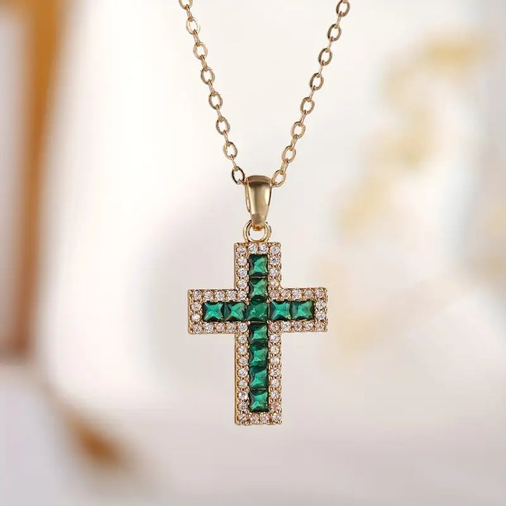 Solene Emerald Cross Pendant Necklace | Gold