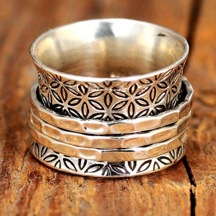 Vintage Boho Floral Wide Silver Plated Ring