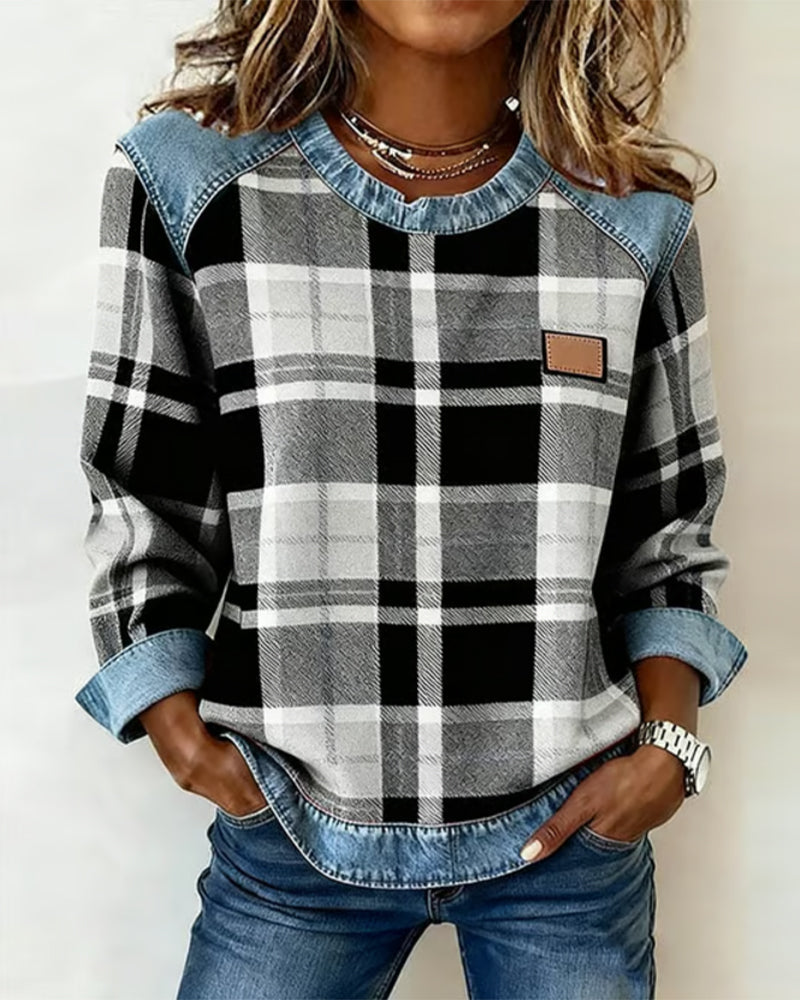 Fabienne | Sweatshirt moderne avec patchwork à carreaux