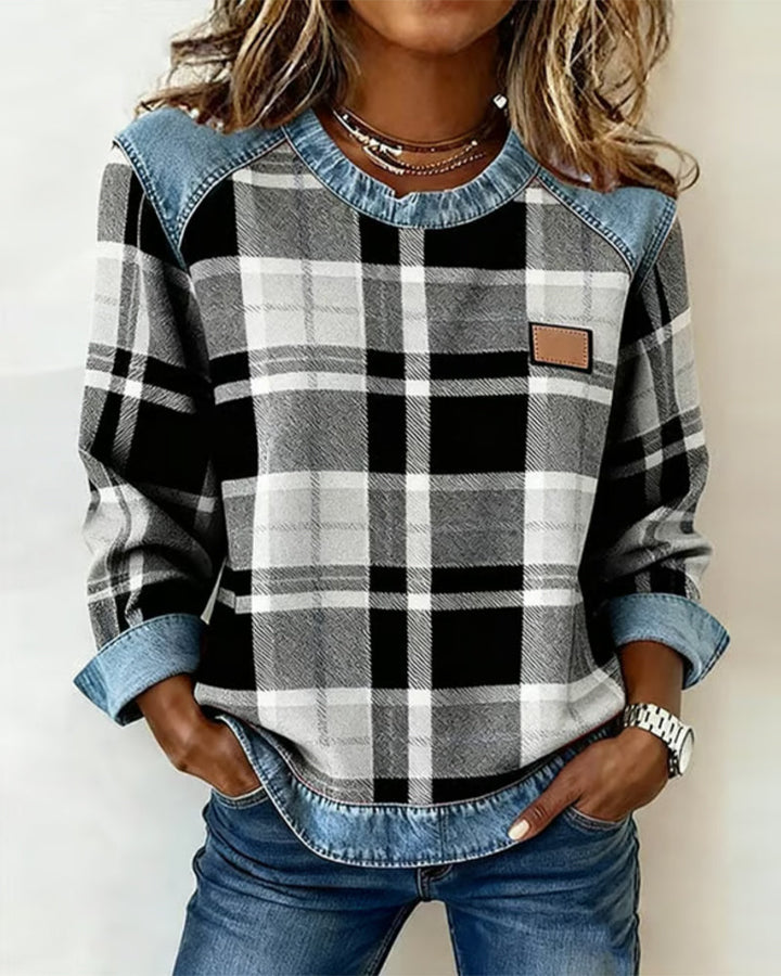 Fabienne | Sweatshirt moderne avec patchwork à carreaux