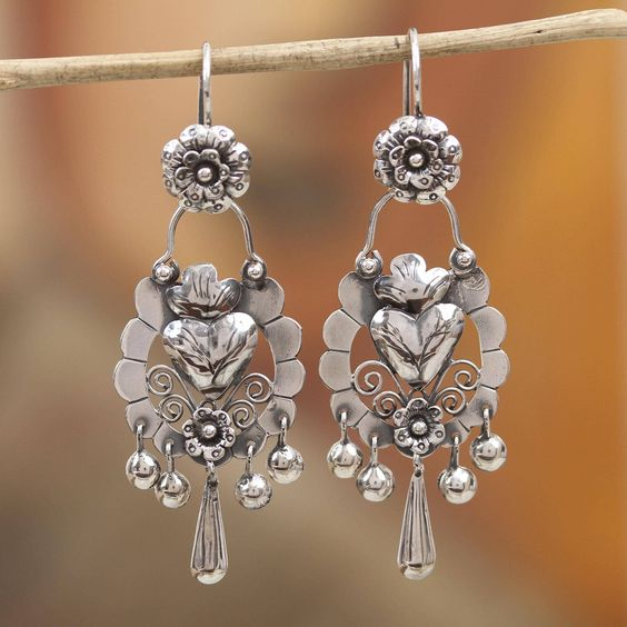 Vintage Silver Floral Chandelier Drop Earrings