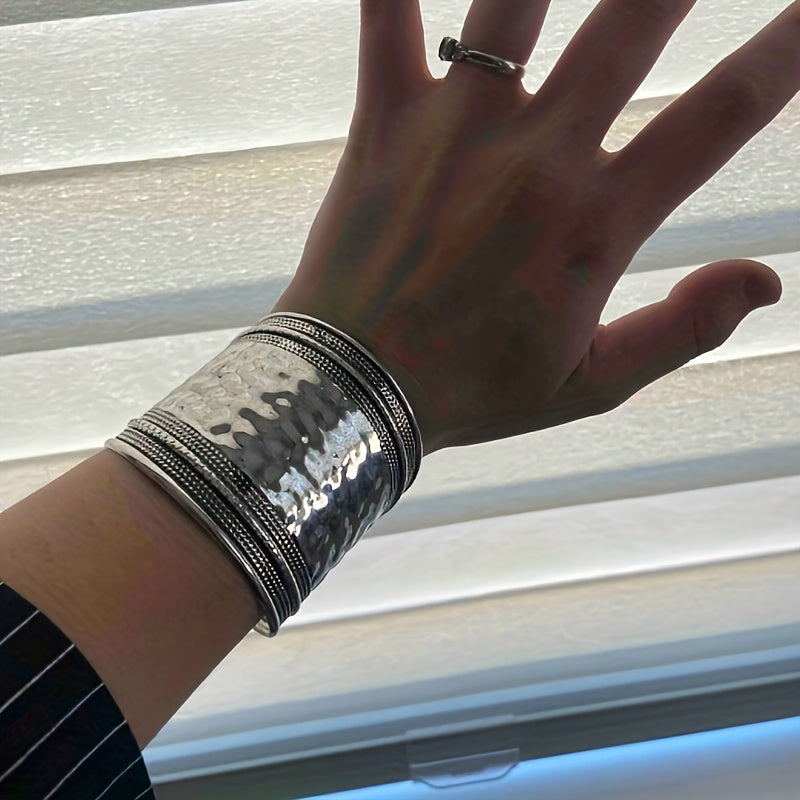 Vintage Boho Hammered Silver Plated Wide Cuff Bracelet