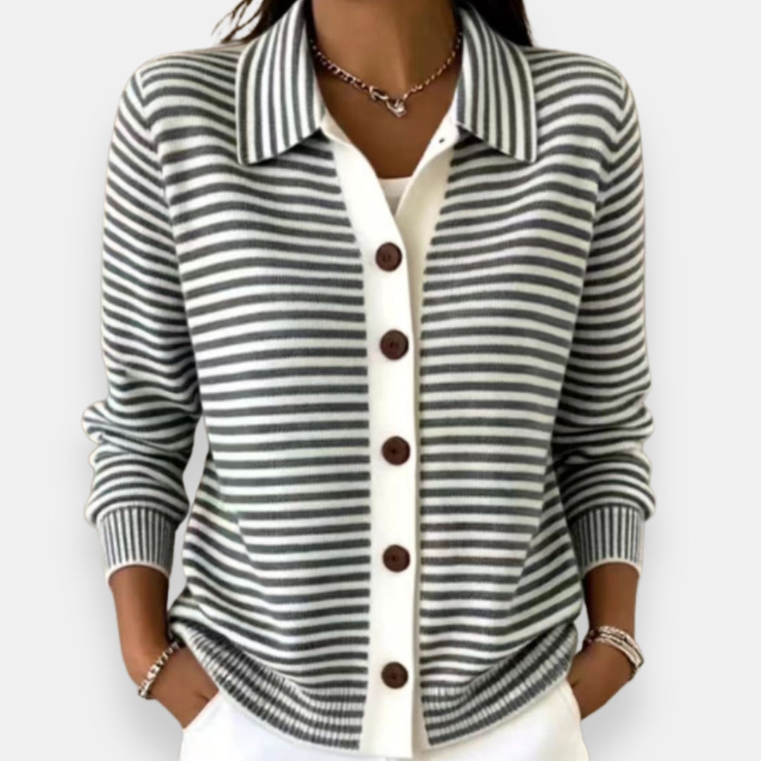 Nola striped button cardigan in black, shown on a model