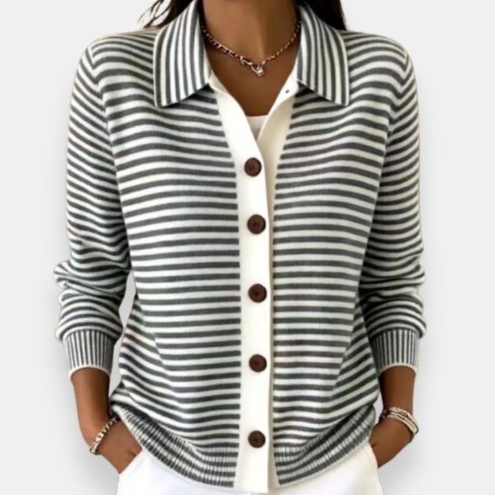Nola striped button cardigan in black, shown on a model