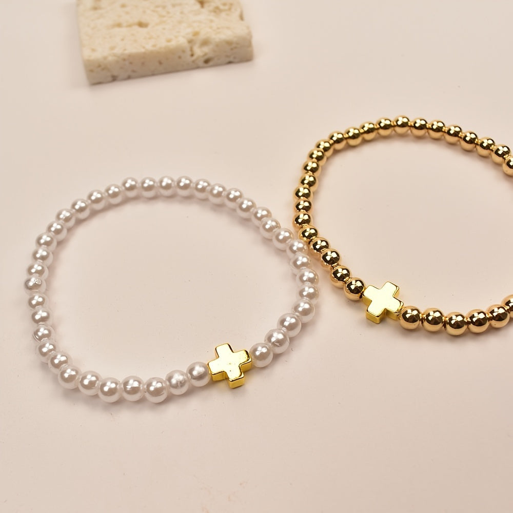 Delicate Pearl Cross Bracelet Set