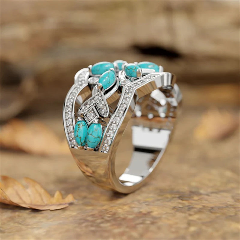 Vintage Boho Turquoise Flowers Vines Ring