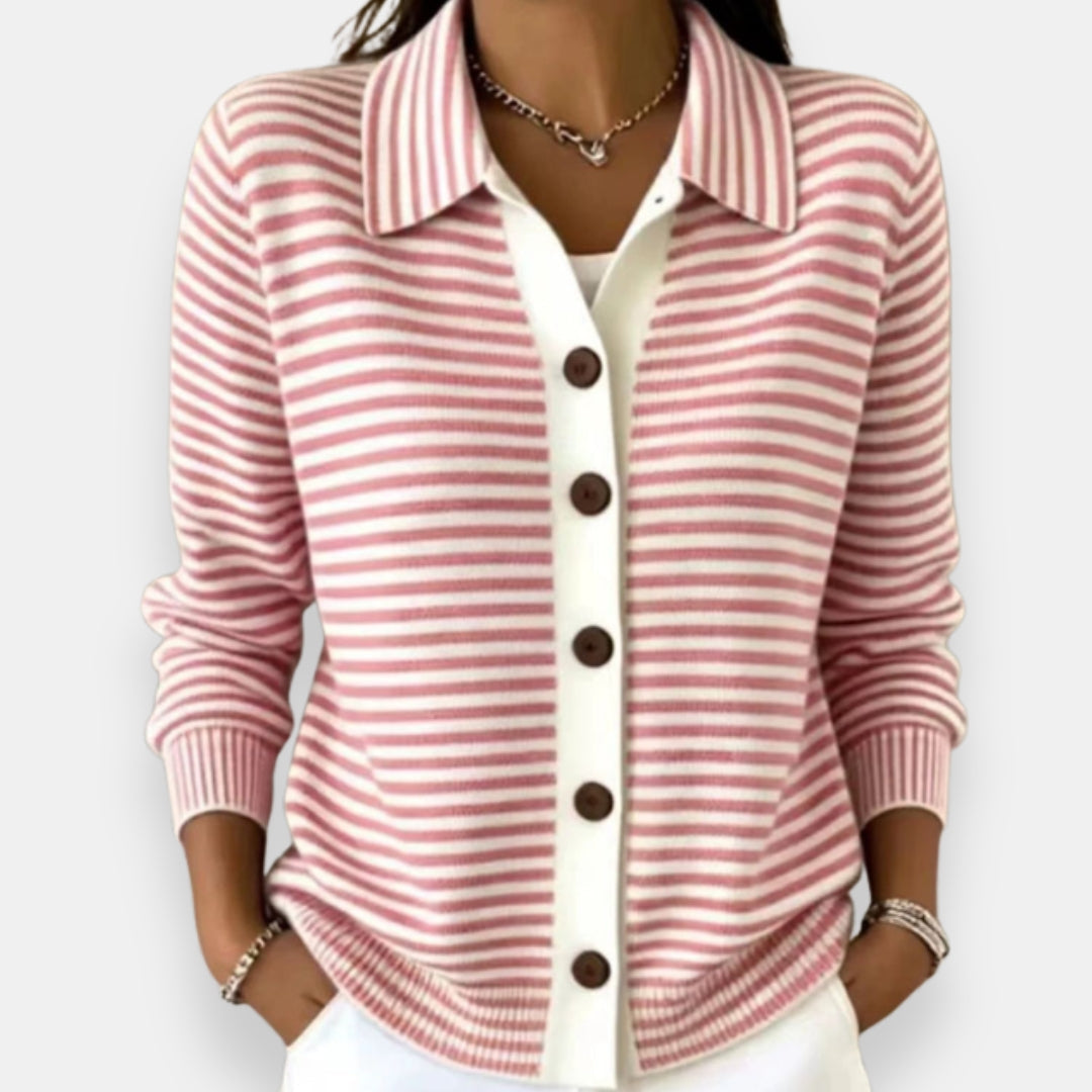 Nola striped button cardigan, collar and button detail