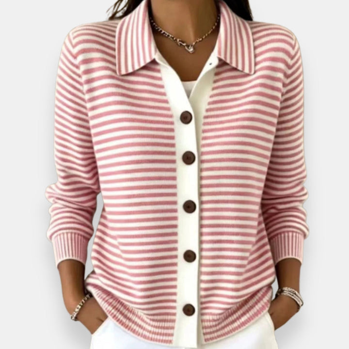 Nola striped button cardigan, collar and button detail