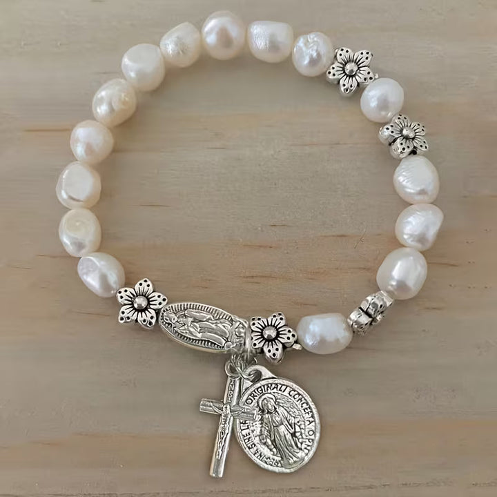 Elegant Pearl Flower Faith Bracelet