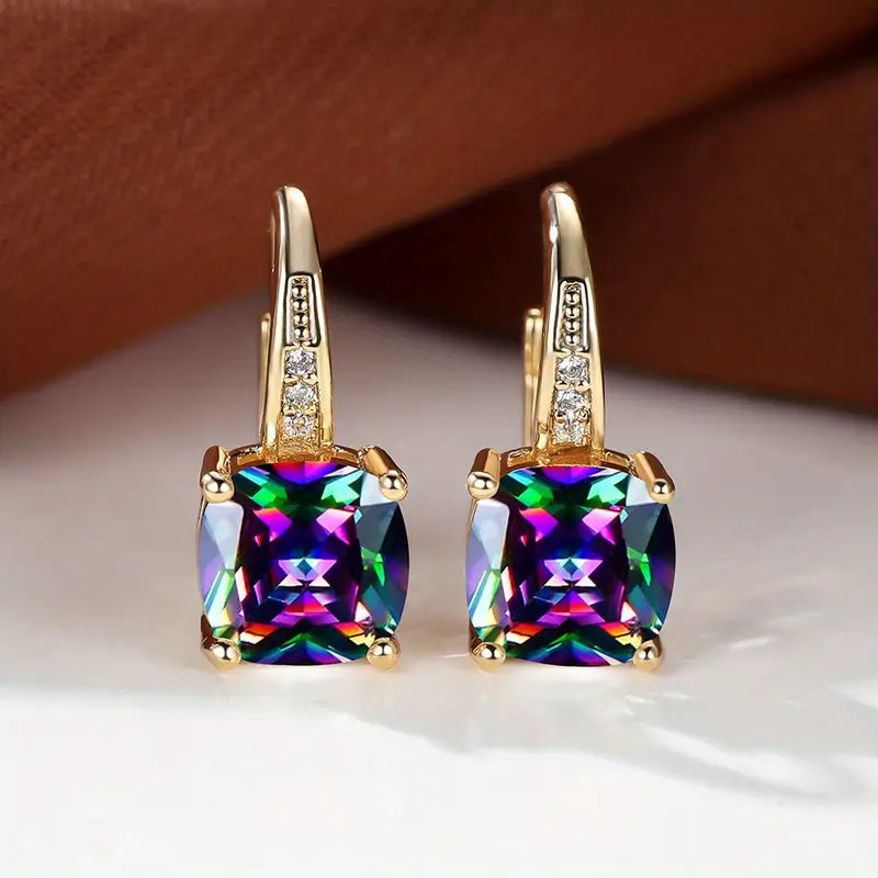 Mystic Sapphire Stone Hoop Earrings | Gold