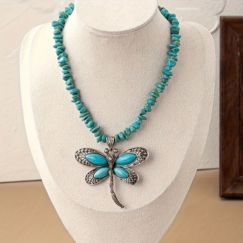 Vintage Boho Turquoise Beaded Dragonfly Pendant Necklace