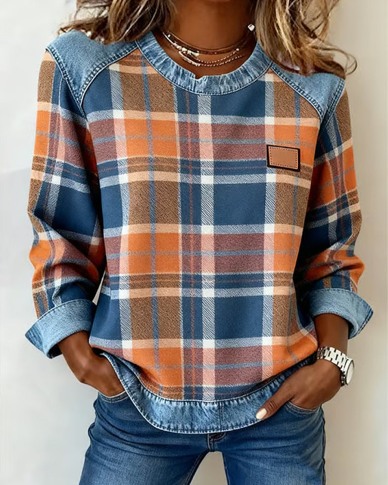Fabienne | Sweatshirt moderne avec patchwork à carreaux