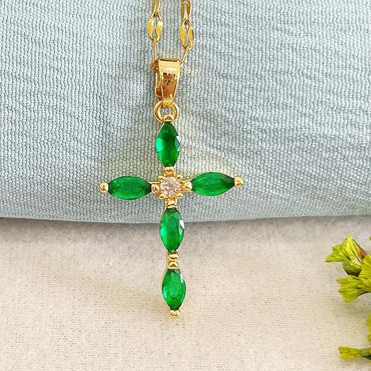 Emerald Cross Necklace | Gold