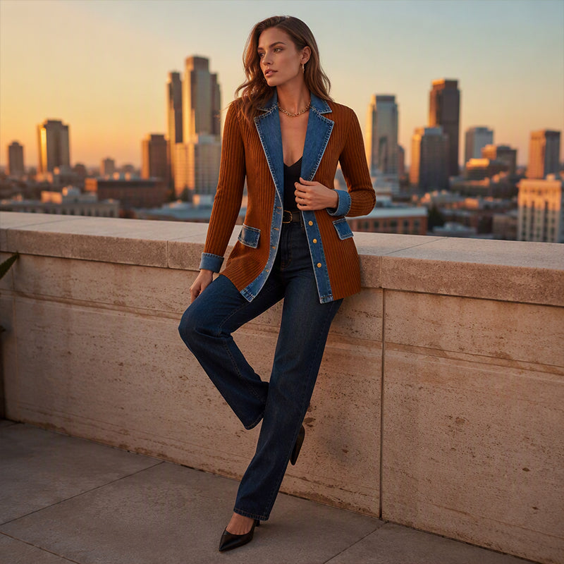 Harriet denim trim knit jacket, shown on a model