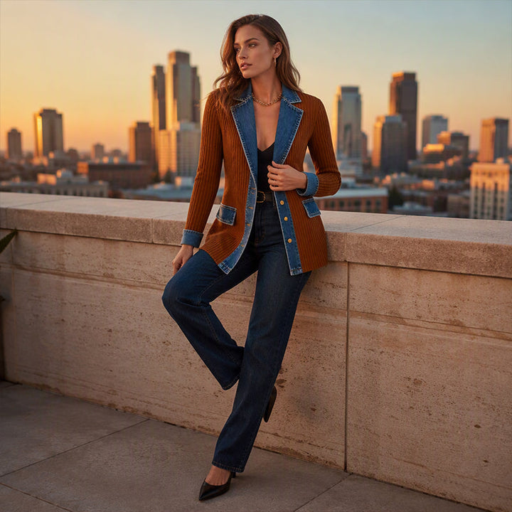 Harriet denim trim knit jacket, shown on a model