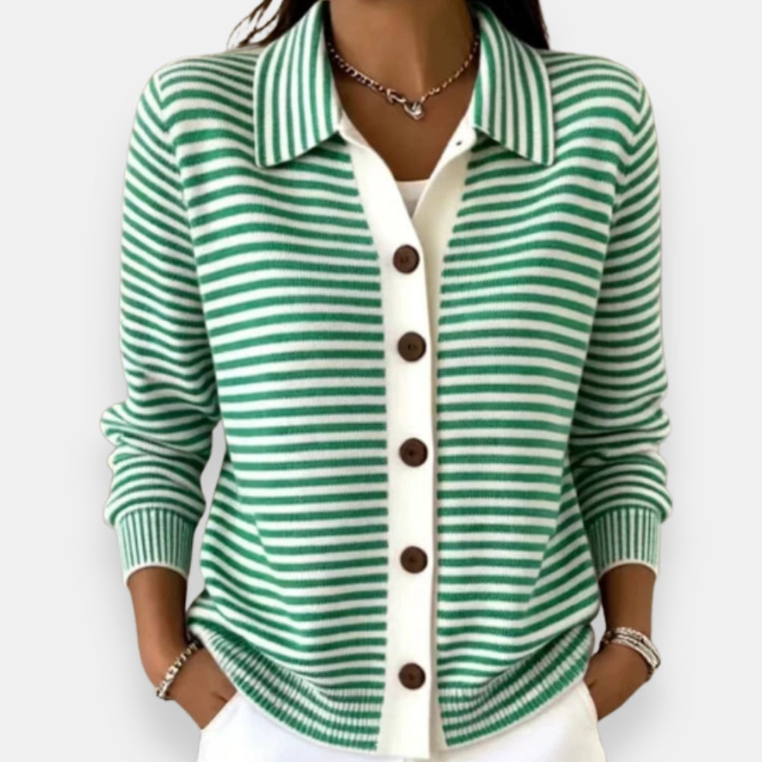 Nola striped button cardigan in green, shown on a model