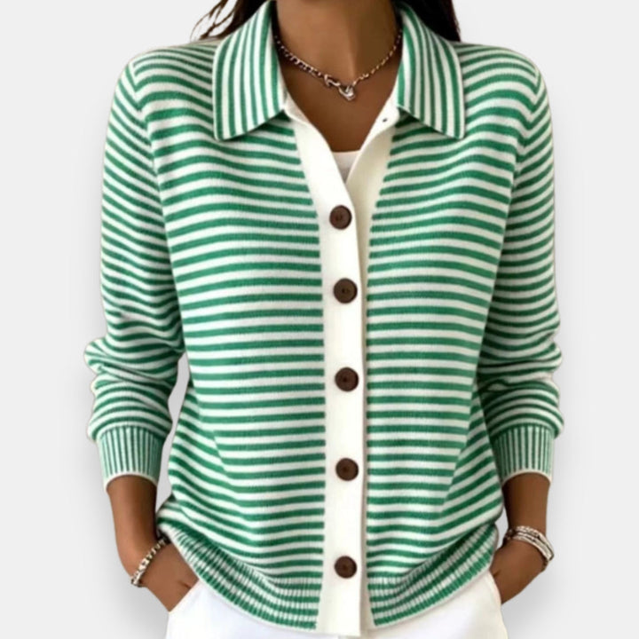 Nola striped button cardigan in green, shown on a model