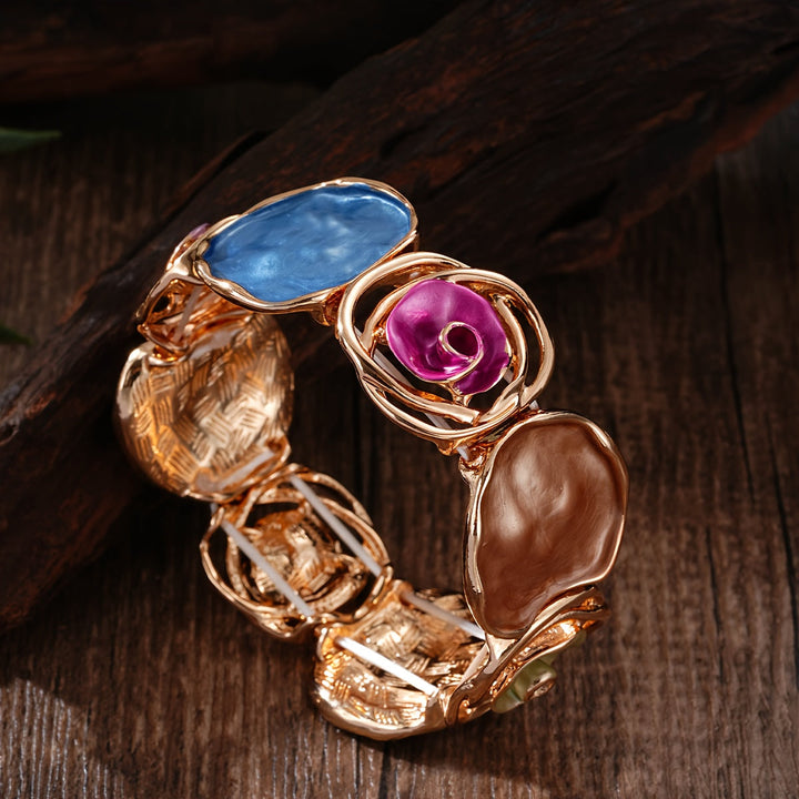 Bohemian Round Flower Geometric Design Cuff Elastic Bracelet