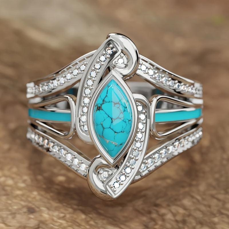 Elegant Bohemian White Gold Plated Turquoise Ring