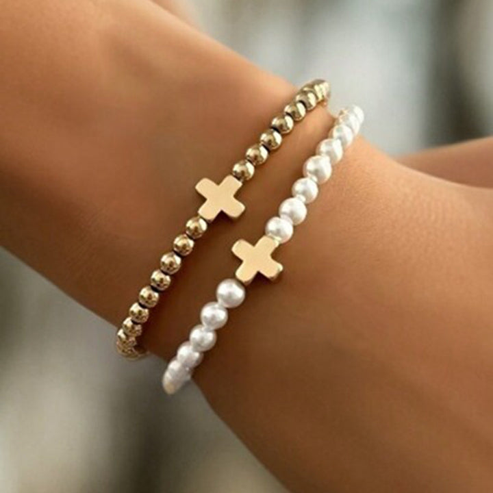 Delicate Pearl Cross Bracelet Set