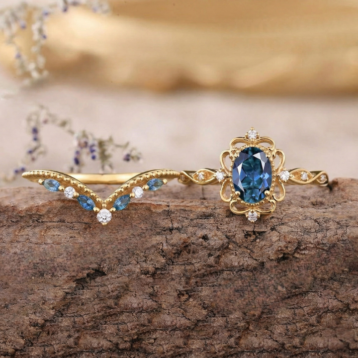 Azelia Sapphire Crown Ring Set | Gold