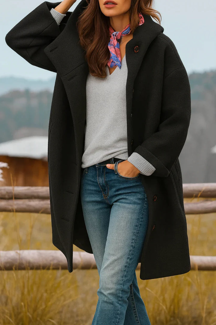 Lilly classic cosy coat in black, shown on a model