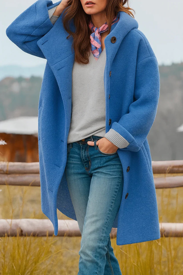 Lilly classic cosy coat in blue, shown on a model