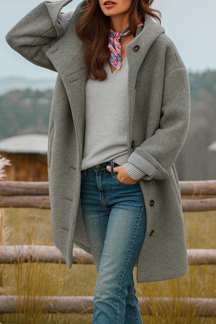 Lilly classic cosy coat in grey, shown on a model