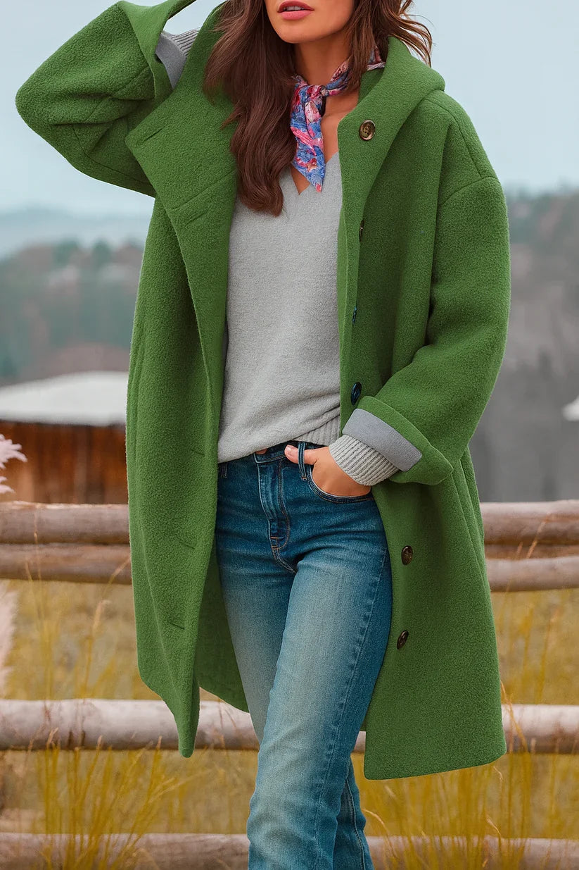 Lilly classic cosy coat in green, shown on a model