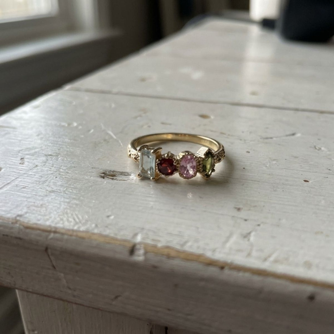 Vintage Multi Gemstone Gold Plated Floral Ring