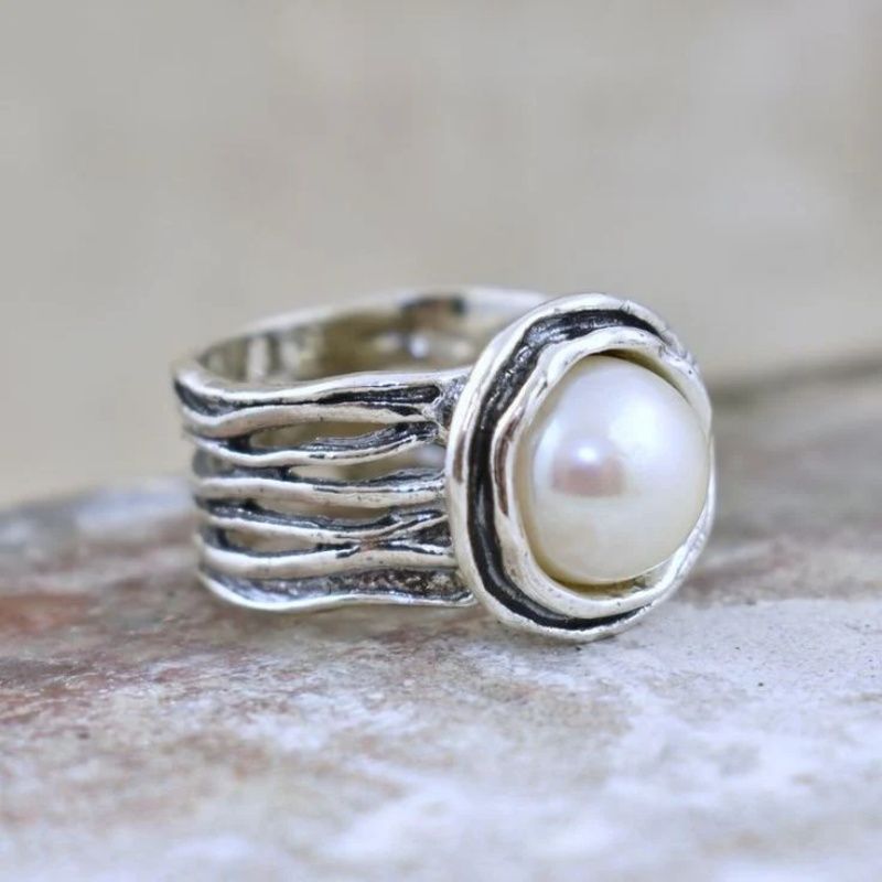 Bohemian Style Vintage Silver Plated Faux Pearl Ring