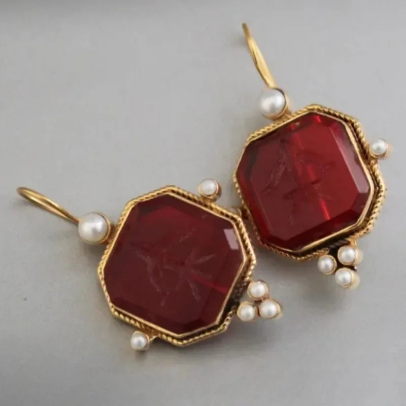 Vintage Pearl Geometric Pendant Drop Earrings
