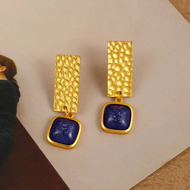 Boho Lapis Lazuli Square Shape Drop Earrings