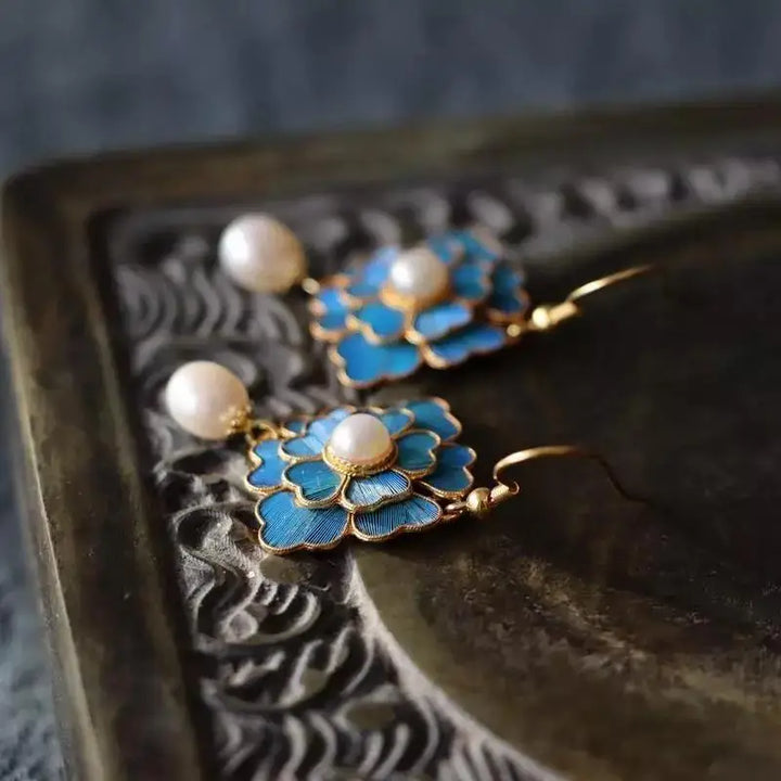 Vintage Blue Enamel Flower Pearl Drop Earrings