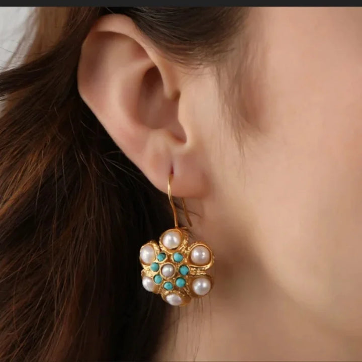 Vintage Pearl & Turquoise Cluster Earrings