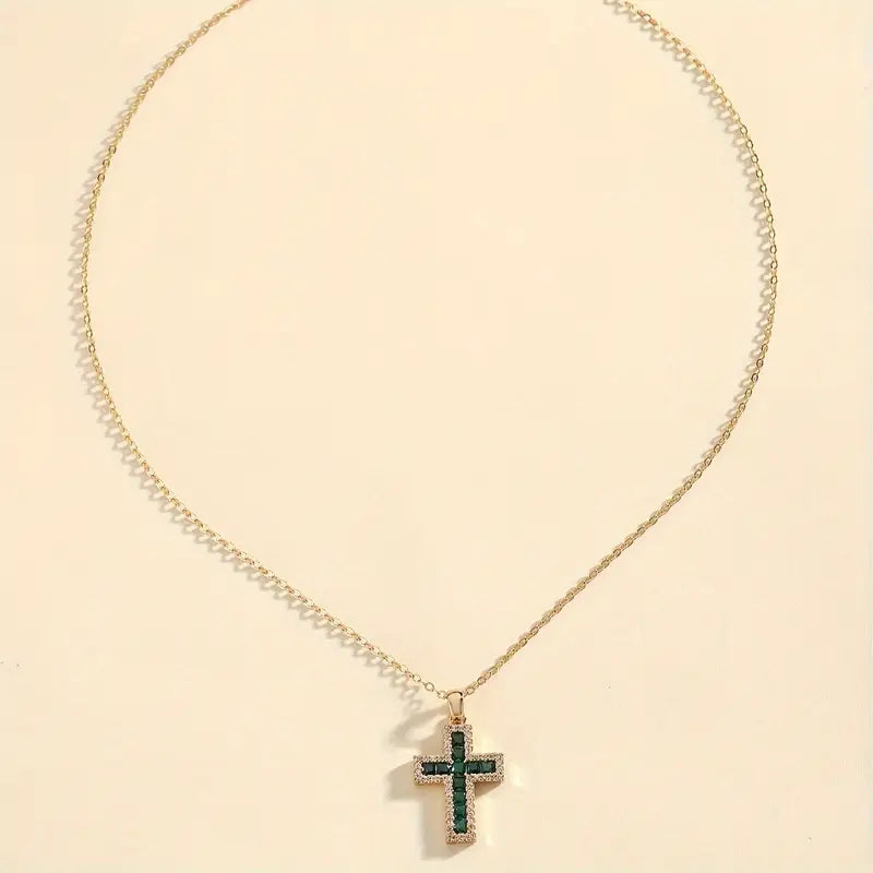Solene Emerald Cross Pendant Necklace | Gold