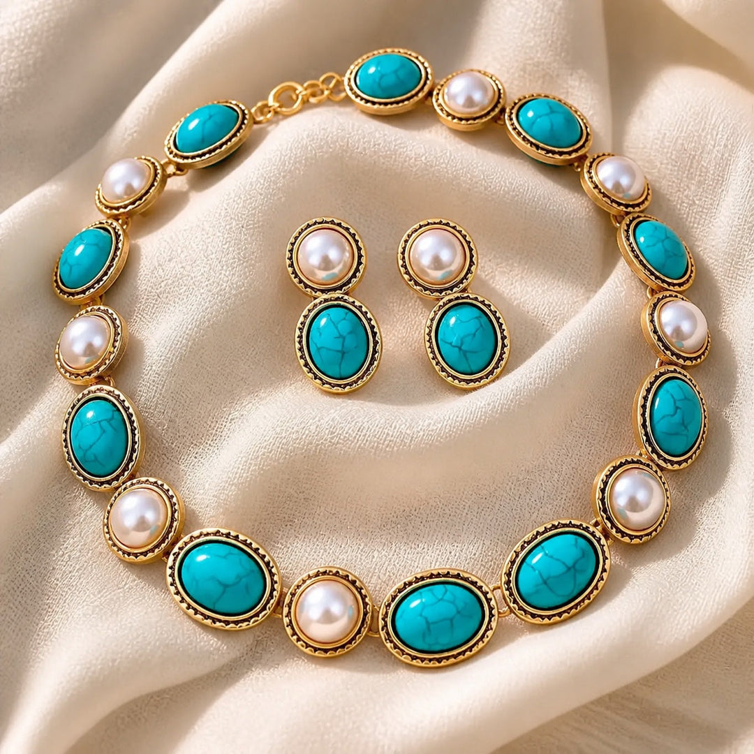 Turquoise & Pearl Antique Gold Statement Set