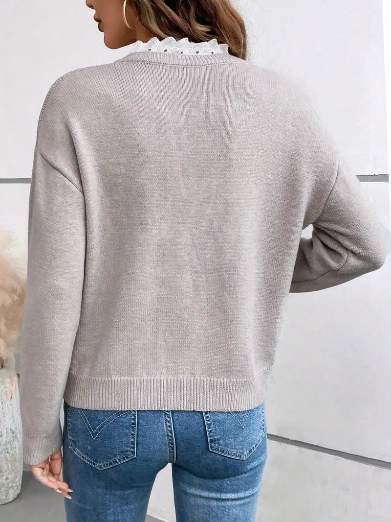 Marielle | Pull Col V Orné de Dentelle