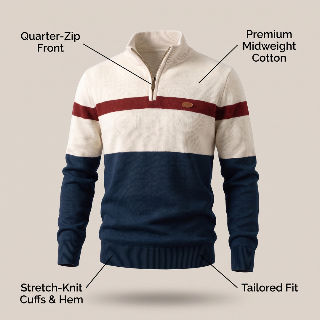 Elston heritage quarter-zip jumper, labelled diagram of the ribbed mock neck, quarter-zip and stretch-knit cuffs